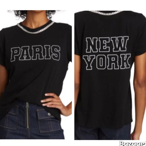Cinq a Sept Black Paris New York Rhinestone Tee - Picture 2 of 6
